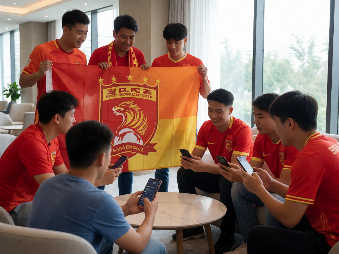 球迷社区聚会，手持旗帜与手机互动